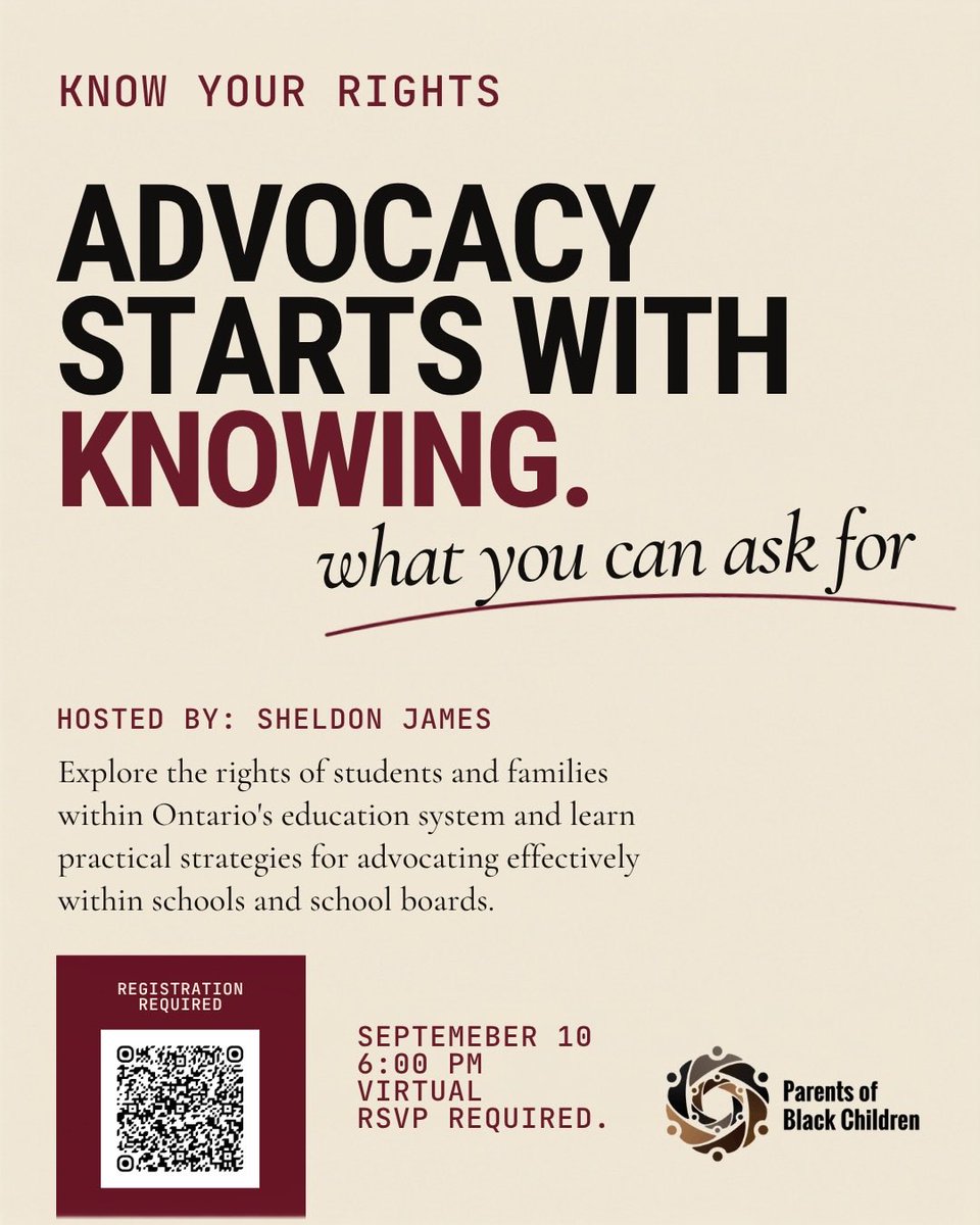 PoBCAdvocate's tweet photo. Know your rights. Advocate with confidence. 

Join us September 10 at 6 PM for a FREE virtual workshop helping families navigate student rights and advocacy within Ontario schools.

Scan QR to Register! https://t.co/BHyP4aixpn