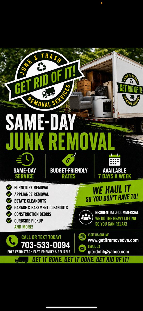 gitridofit's tweet photo. Call Git rid of it for Sameday Budget friendly service !! 7 days a week 703-533-0094
https://t.co/QodjeM5REA https://t.co/RBC5P42p2z