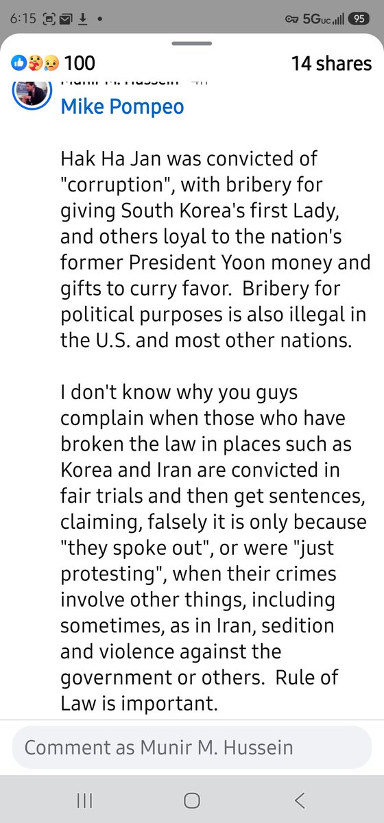 MunirHussein's tweet photo. @mikepompeo Hak Ha Jan was convicted of "corruption", bribery, for giving those loyal to the nation's former President Yoon money and gifts to curry favor.  See full comment under your FB post, in link.
منير

https://t.co/6YNrBzXUhy

#southkorea #iran #moonies #korea #corruption #communism https://t.co/kHBT1DMEF9
