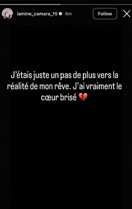 Playmaker8u's tweet photo. 📲Lamine Camara statement on instagram🥺💔

“I was just one step closer to my dream come true. I'm genuinely heartbroken” https://t.co/ueI55wZtNi