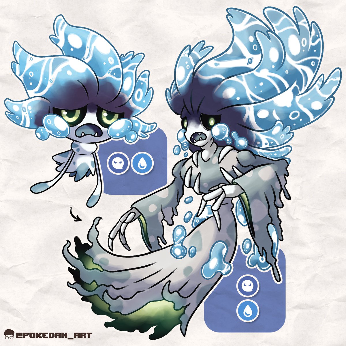 PokeDan_Art's tweet photo. Lloraby &amp; Lluronaqua! 👻😭💧
This evolution line is inspired by La Llorona (The Wailing/Weeping Woman), sirens and Banshees!

✨Comm Request ✨

#Pokemon #Fakemon #Art https://t.co/RYoyQ1NZZD