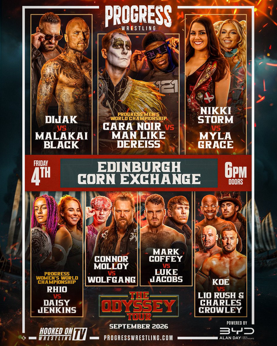 ThisIs_Progress's tweet photo. ⛵ The Odyssey Tour: Edinburgh ⛵

The updated line up for Edinburgh 🏴󠁧󠁢󠁳󠁣󠁴󠁿

Progress Men's World Championship - Cara Noir vs Man Like DeReiss 
Progress Women's World Championship - Rhio vs Daisy Jenkins
Dijak vs Malakai Black 
Nikki Storm vs Myla Grace 
Lio Rush & Charles Crowley vs KOE
Mark Coffey vs Luke Jacobs
Connor Molloy vs Wolfgang

The past, present and future of Progress, don't miss it 👏🏼

🗓️ Friday 4th September, 6pm

📍@EdinburghCornEx

📺 @howrestlinguk

🎟️ Ticketmaster & Dice 

Powered by Alan Day BYD 

#ProgressWrestling #OdysseyTour