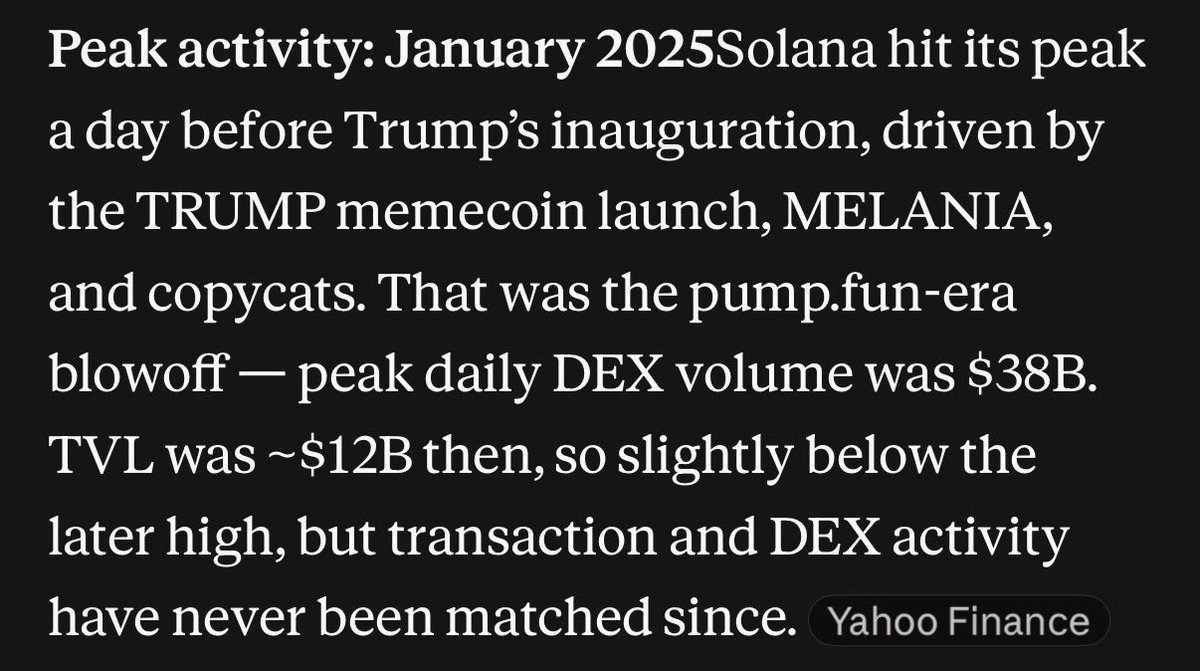 0x_Leo_'s tweet photo. here’s some data to form a legitimate bullcase around 

solana’s current TVL = 5.72B 
solana’s current DEX volume  = 2.35B 

robinhood current TVL  = 735M
robinhood current DEX volume = 1.58B

solana’s TVL during trump era = 12B 
solana’s peak DEX volume = 38B 

conservatively say robinhood chain gets to half of solana’s peak TVL that would be almost a 10x the amount of liquidity in the ecosystem 

and I say conservatively because tokenized equities is going to bring a whole new wave of participants onchain

the bull case is way higher. all of these coins are dirt cheap