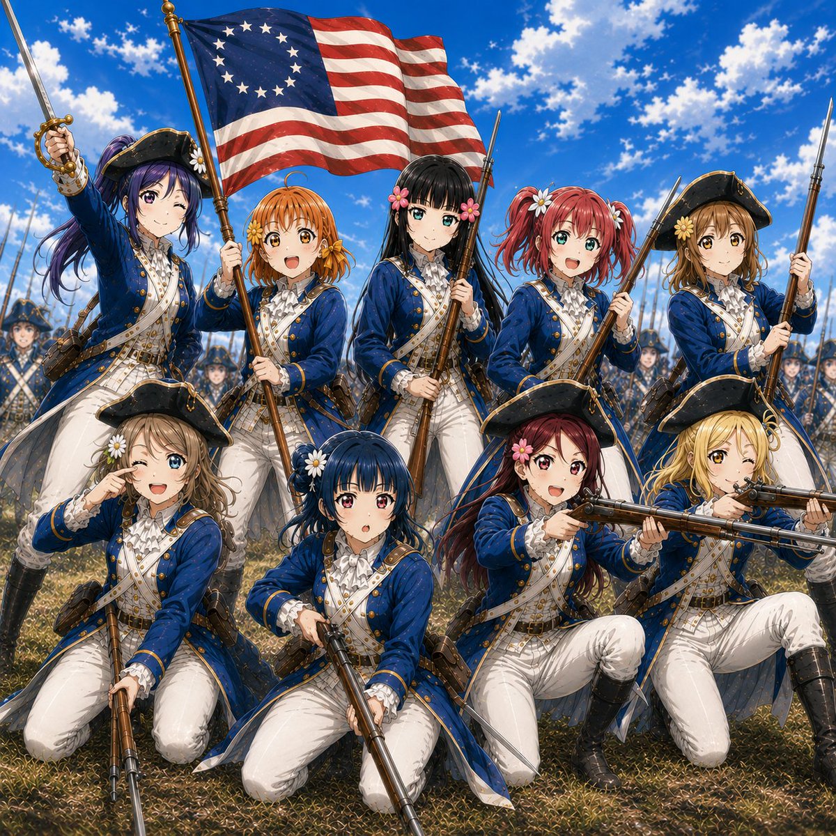 yuki_ena_dori's tweet photo. おはようございます。パトリオットというアメリカ独立戦争を描いた？映画に出てくる18世紀のアメリカ軍のイラストにしました。今日から仕事が忙しくなりますので、頑張ってきますね。それでは今日も幸せな1日になりますように。
 #AIイラストレーターさんと繋がりたい 
 #Aqours  #アメリカ独立戦争 https://t.co/3FV3OfgZPI