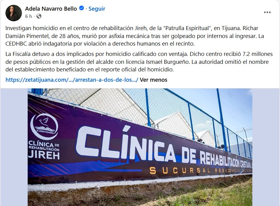 ArmandoNieblas's tweet photo. Primero reportan el homicidio de un interno en el centro de rehabilitación Jireh en #Tijuana, ese mismo que opera la "patrulla espiritual".

Después integrantes de la misma agrupación agredieron a un reportero en #PlayasDeRosarito que cubría un hecho relacionado con ellos.

¿Qué le deben los gobiernos de Morena en #BajaCalifornia a Jesús Ignacio Osuna Torres alias "El Chikilin" para dejarlo operar con tanta impunidad?