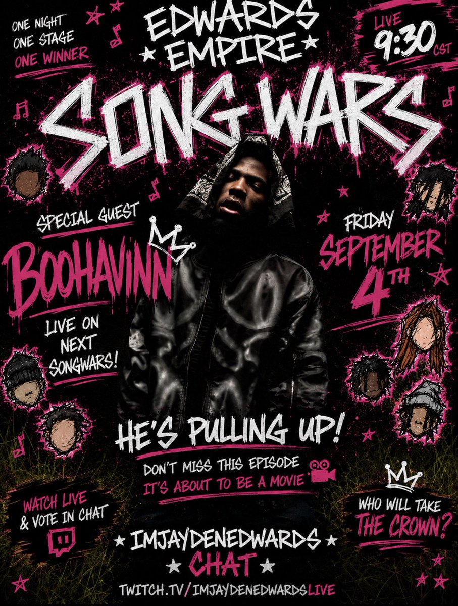 imjaydenedwards's tweet photo. 🚨 SONG WARS IS BACK 🚨
SPECIAL GUEST: BOOHAVINN 🎤

This Friday. September 4th. 9:30 PM CST.
One night. One stage. One winner. 🏆

Who y’all think taking the crown? 👀

🔴 LIVE ON TWITCH
https://t.co/OuVtynttcf https://t.co/nvnkAeMuXZ