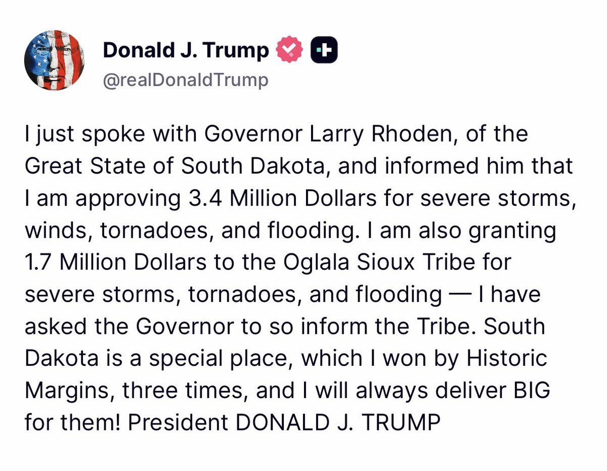 GovLarryRhoden's tweet photo. I just got off the phone with President @realDonaldTrump. He informed me of this funding for both the state and the Oglala Sioux Tribe, which will help our communities recover from these devastating storms. Thank you, Mr. President! https://t.co/mIBtZEAEwY