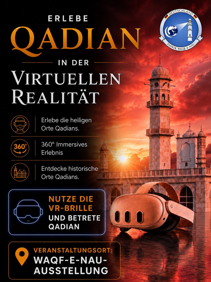 WaqfeNauIntl's tweet photo. 🌍 Experience Qadian – in Virtual Reality! 🥽

Dive into history and discover the sacred and historic sites of Qadian in a completely new way.

🥽 Put on the VR headset.
🌍 Step into Qadian.
📖 Experience history.

📍Waqf-e-Nau Exhibition at Jalsa Salana Germany

#JalsaGermany https://t.co/o66ESSaVp3