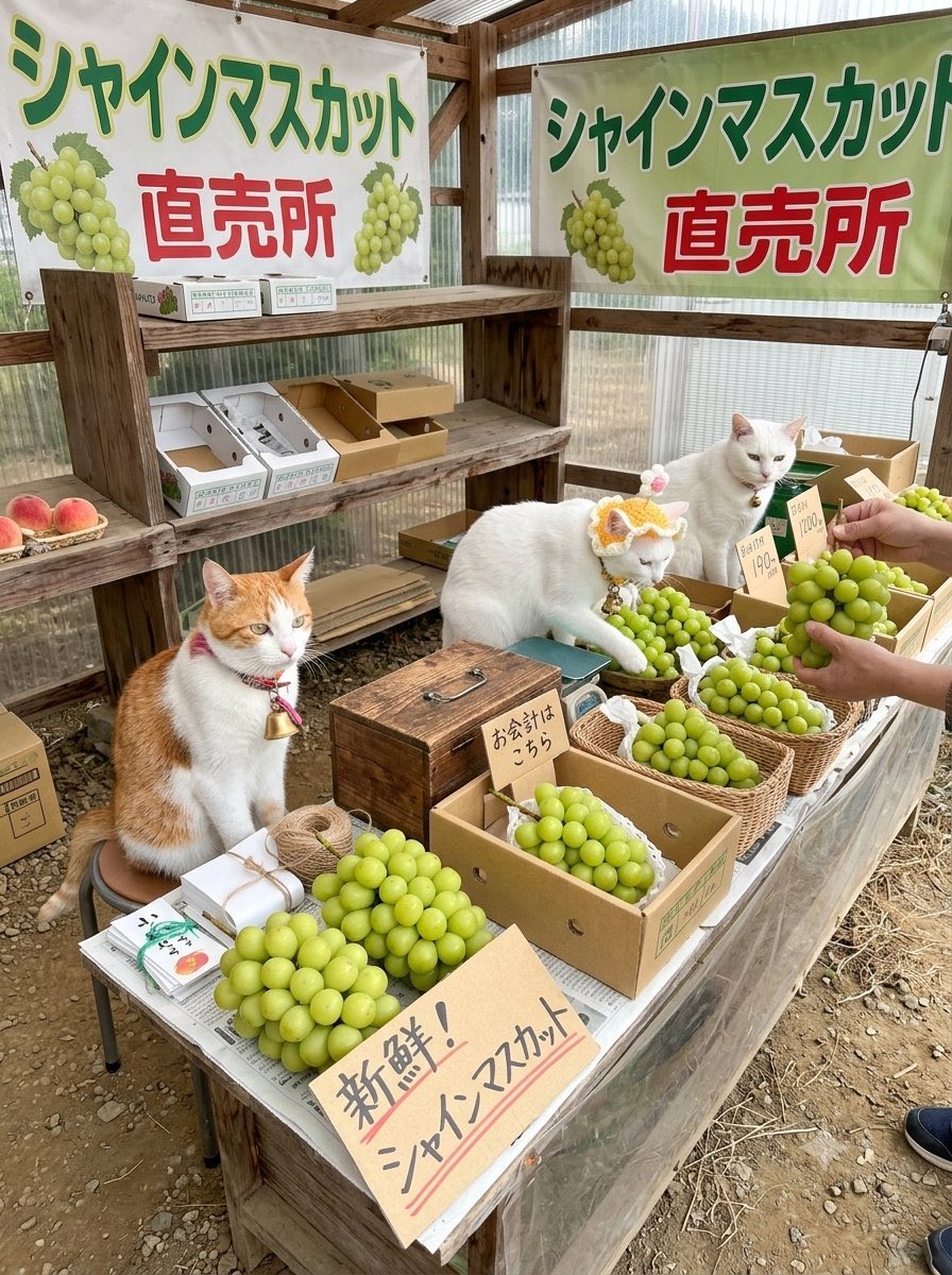 rachu38644717's tweet photo. お友達@1029Roko とお客さんが、素敵な画像を生成してくれました🥰🫶🏻😻

ありがとうございます！とても嬉しいです🙌🏻💖

#看板猫 #果樹園 #やまんば #ジャンゴ #ナウイ #イゾギ #梨 #ぶどう #猫と暮らす幸せ https://t.co/Mh5vKmQwpU