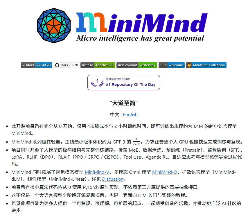 XAMTO_AI's tweet photo. 只需要4块钱、2个小时，从零训出一个 64M 的小模型。

MiniMind 把预训练、SFT、LoRA、DPO、PPO/GRPO、Tool Use、Agentic RL 整条链路都用原生 PyTorch 写完了，结构对齐 Qwen3，个人 GPU 也能复现。

想真正看懂大模型怎么练出来的，这个仓库很适合下手。
🔗https://t.co/YRQXZibzdP