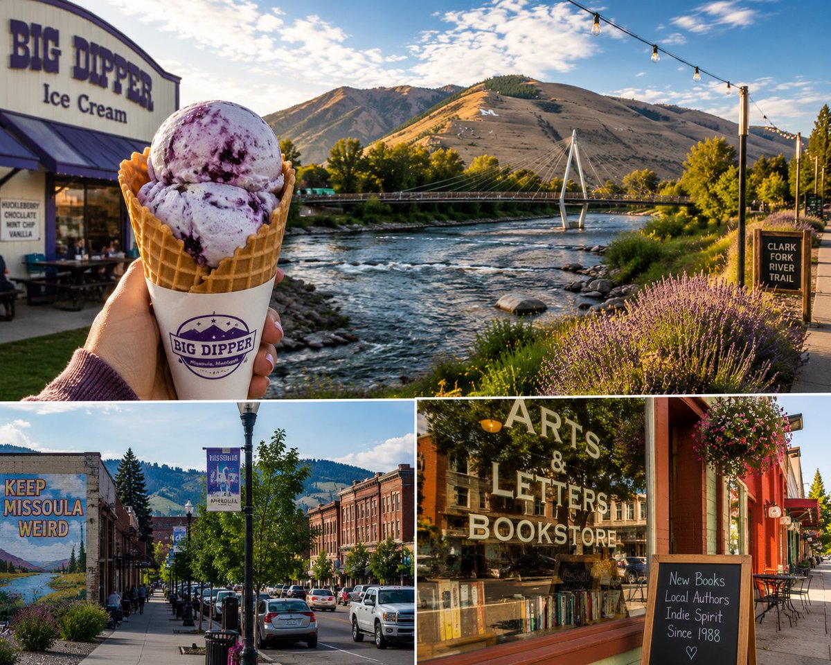 InCityExp's tweet photo. 🌲✨ Discover the vibrant charm of Missoula, Montana! Indulge in huckleberry ice cream at Big Dipper, soak in the river-town vibes, and explore indie bookstores. Adventure awaits in this creative haven! 🚴‍♂️💜 #Missoula #TravelMontana https://t.co/7ILaocvsjP