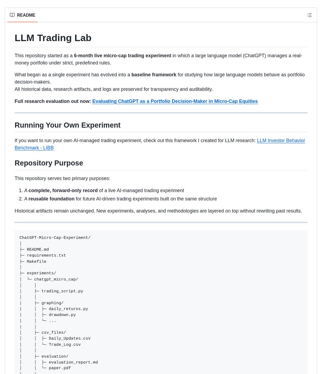 LLM Trading Lab README screenshot showing the forward-only experiment framing, preserved artifacts, and evaluation materials