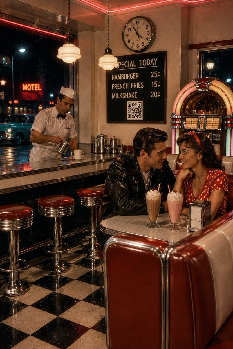 Motivational__G's tweet photo. 1958 diner vibes… but one tech detail travelled back in time!

Can you spot the modern addition hiding in plain sight? https://t.co/KTEhKthPD7