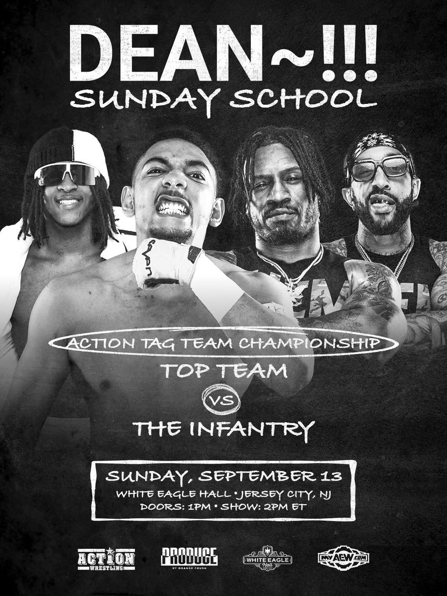 PRODUCENYC's tweet photo. Join us on September 13 in Jersey City as part of the first half of our double header with @WrestleACTION1 and @segundacaida! 
 
PRODUCE x ACTION Wrestling x Segunda Caída Present DEAN~!!! SUNDAY SCHOOL

• ACTION Championship: Darian Bengston (c) vs. Skayde
• ACTION Tag Team Championship: Top Team (c) vs. The Infantry
• Tim Bosby vs. Matt Mako
• Tony Deppen vs. Ryan Mooney

And so much more!

🎟️ TIX: https://t.co/9kX71Vi2pf
📺 WATCH ON PPV: https://t.co/N7j1dPbmJx