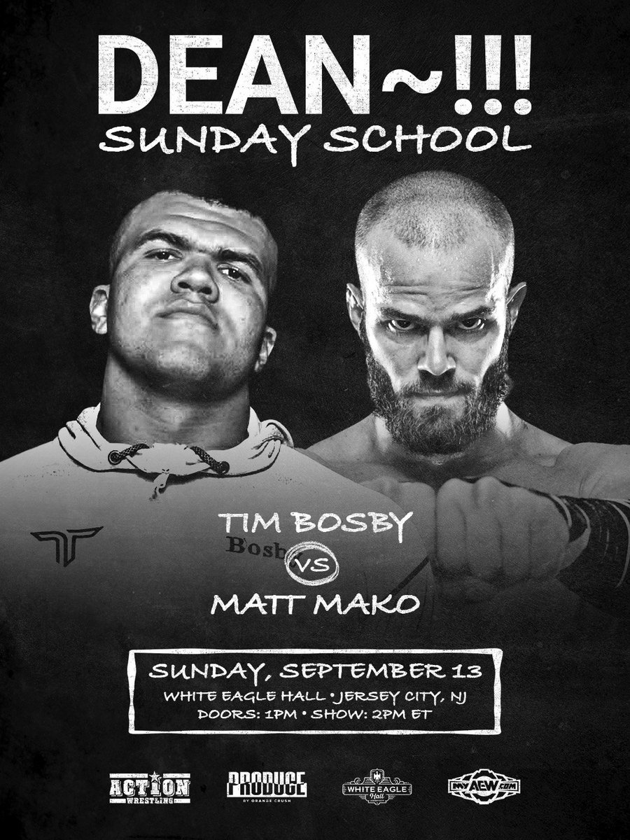 PRODUCENYC's tweet photo. Join us on September 13 in Jersey City as part of the first half of our double header with @WrestleACTION1 and @segundacaida! 
 
PRODUCE x ACTION Wrestling x Segunda Caída Present DEAN~!!! SUNDAY SCHOOL

• ACTION Championship: Darian Bengston (c) vs. Skayde
• ACTION Tag Team Championship: Top Team (c) vs. The Infantry
• Tim Bosby vs. Matt Mako
• Tony Deppen vs. Ryan Mooney

And so much more!

🎟️ TIX: https://t.co/9kX71Vi2pf
📺 WATCH ON PPV: https://t.co/N7j1dPbmJx