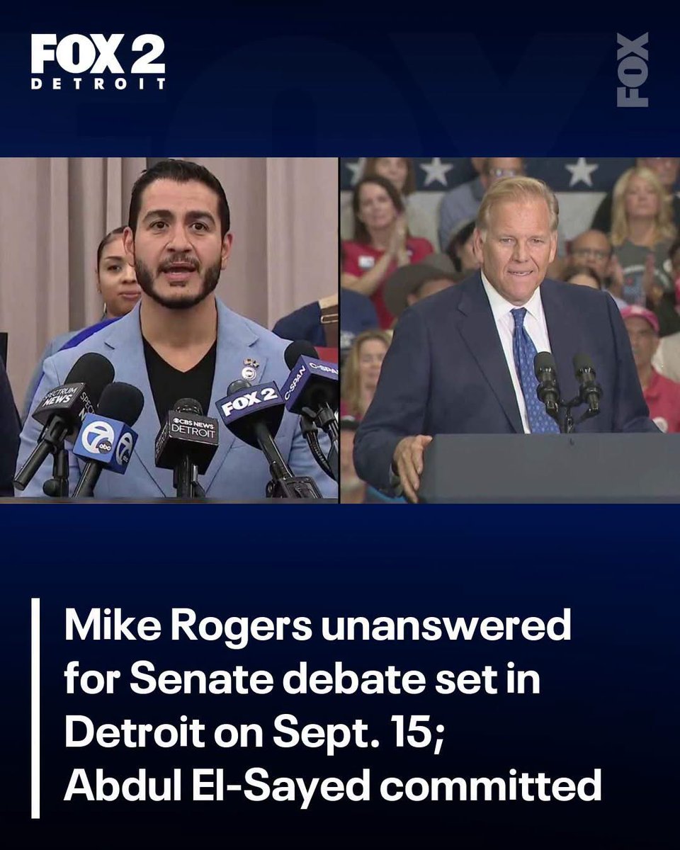 rooprajfox2's tweet photo. We will have a microphone and podium here at Fox 2 waiting for Mike Rogers on September 15th at 7pm.  We gave  both candidates more than 40 days notice to appear.  There is still time.  We will welcome Rogers even if he shows up on the day of.  This is not a challenge but an opportunity for both candidates to speak to Southeast Michigan and the 5 million people in the viewing area.