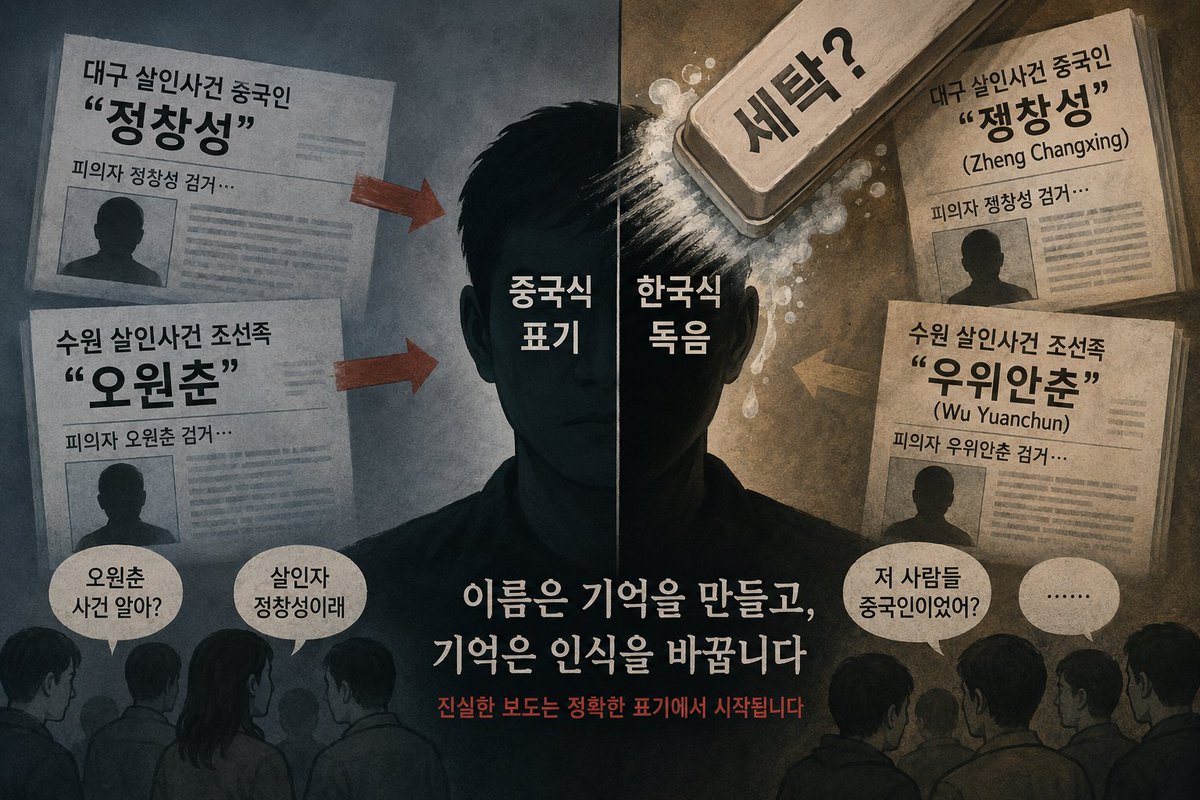 ehehzlzl's tweet photo. 중국인 피의자 이름은 왜 '한국식 독음'으로 표기하는가?

- 대구 살인사건 중국인 '정창성'
- 수원 살인사건 조선족 '오원춘'

수많은 기사 속에서 그들의 이름은 '한국식 독음'으로 표기가 되어있다. 그리고 일반인들의 머릿속에도 그 이름 석자로 기억되어있을 것이다.

그들의 국적이나 출신이 표기가 되어 있더라도, 일반인들이 일상에서 소비하고 기억하는 이름은 한국식 이름일 것이다.

중국식 표기가 아니라 한국식 독음으로 '세탁'해주고 있는걸까??

한국 이름처럼 읽히는 것은 정보 전달의 목적을 넘어선 착시를 유발한다고 생각한다.

일반인들 끼리 오고 가는 대화 속에서 이 사건들은 '오원춘 사건', '살인자 정창성'으로 불릴 것이다.
이름만 들어서는 국적을 직관적으로 유추할 수가 없다.

이것은 결과적으로 범죄의 주체가 가진 문화적, 국가적 배경과 경각심을 흐리게 만들 수 있다는 것이다.

또한 범죄 보도의 첫째가 되는 목적은 사건의 진실을 알리고 유사 범죄를 예방하는데 있을 것이다.
피의자의 정체성이 명확하게 드러나야만 그에 맞는 실효성 있는 대책과 경각심을 가질 수 있다.

언론은 오원춘이 아니라 '우위안춘'으로,
정창성이 아니라 '쩡창셩'으로 표기를 해야한다.