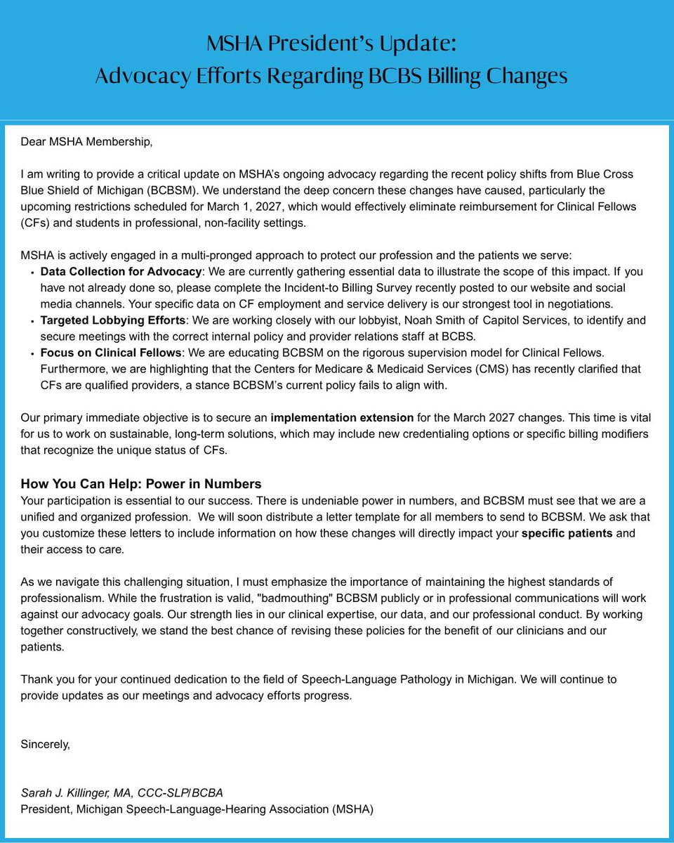 MshaLang's tweet photo. MSHA President’s Update: Advocacy Efforts Regarding BCBS Billing Changes

Please click the link to complete the incident-to-billing survey by 9/11/26.
https://t.co/lWp7tqgnhs https://t.co/5SB8pOb2tV