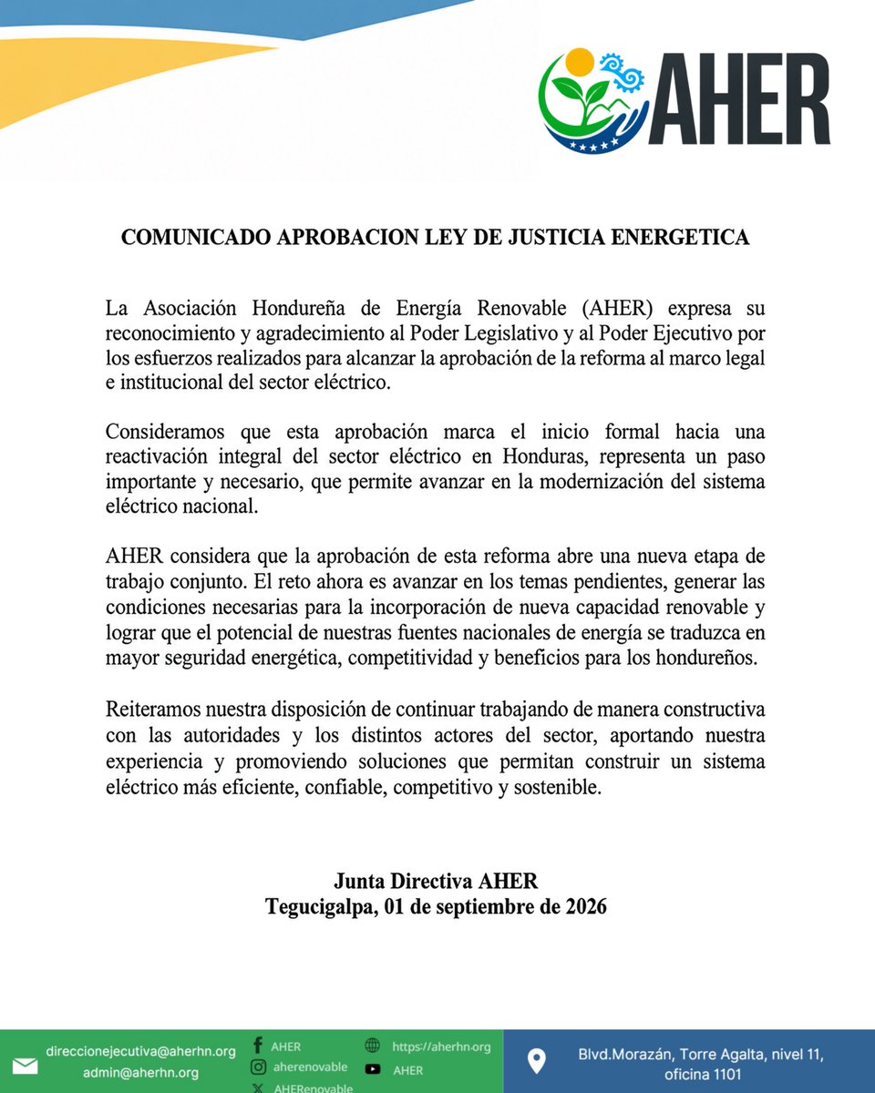 AHERenovable's tweet photo. AHER reconoce y agradece la aprobación de la reforma al marco legal del sector eléctrico. 🇭🇳⚡
Un paso importante para modernizar el sistema y avanzar hacia un sector más confiable, competitivo y sostenible.
La aprobación es un paso. Ahora comienza el trabajo. 🤝🏻
#AHER #Honduras https://t.co/XNgcdChGzU