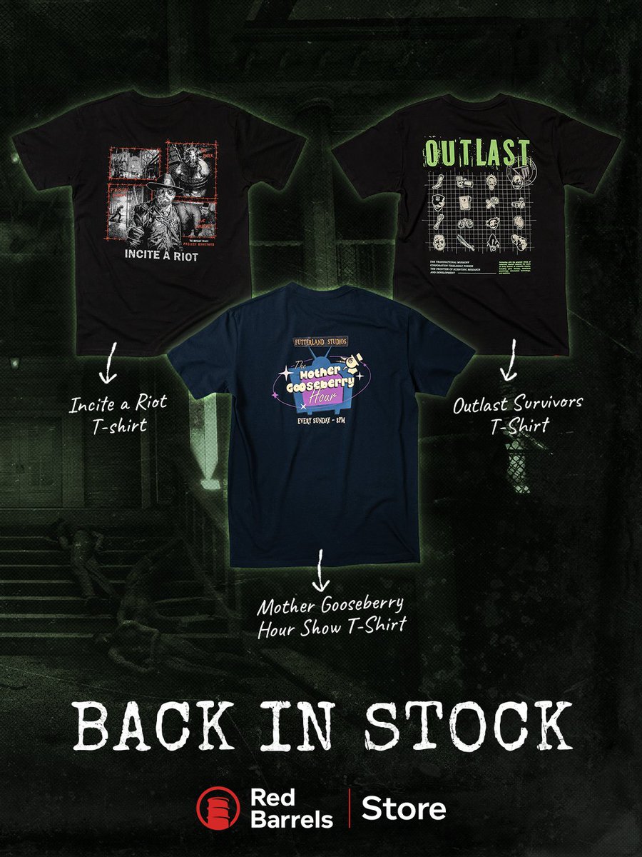 TheRedBarrels's tweet photo. Several items are now back in stock in the Red Barrels official store! 👁️ Which one of these items have you been eyeing?
🛍️ https://t.co/c1xPdzMipw 
________

Plusieurs articles sont à nouveau disponibles dans la boutique officielle de Red Barrels! 👁️ Quel article parmi ceux-ci vous fait de l'œil?
🛍️ https://t.co/EntenjGaT5

#RedBarrels #Outlast #TheOutlastTrials #OutlastTrials #IndieGame #JeuxIndie