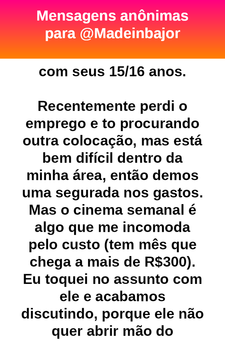 madeinbajor's tweet photo. #bajo45358
Você não precisa convencê-lo de que cinema é supérfluo, precisa mostrar que, neste momento, talvez não caiba no orçamento. Lazer é uma despesa extra, mas não deixa de ser importante para quem valoriza aquilo,  assim como o show do BTS foi para você https://t.co/yVDGbwhoG8