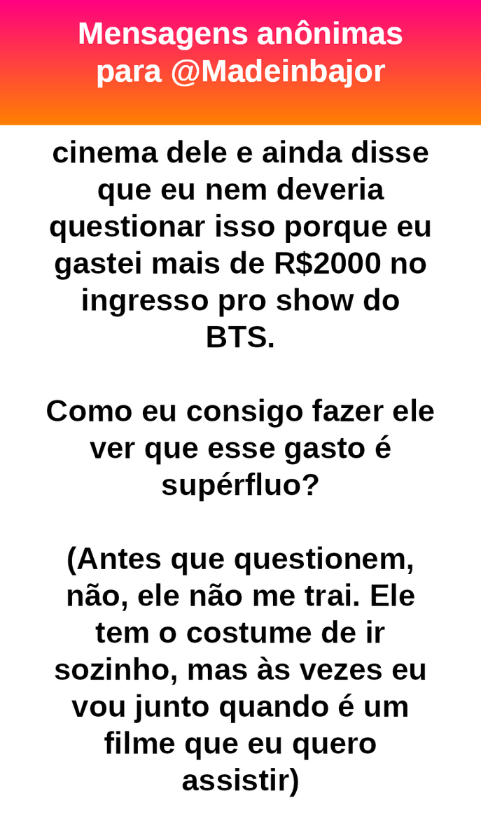 madeinbajor's tweet photo. #bajo45358
Você não precisa convencê-lo de que cinema é supérfluo, precisa mostrar que, neste momento, talvez não caiba no orçamento. Lazer é uma despesa extra, mas não deixa de ser importante para quem valoriza aquilo,  assim como o show do BTS foi para você https://t.co/yVDGbwhoG8