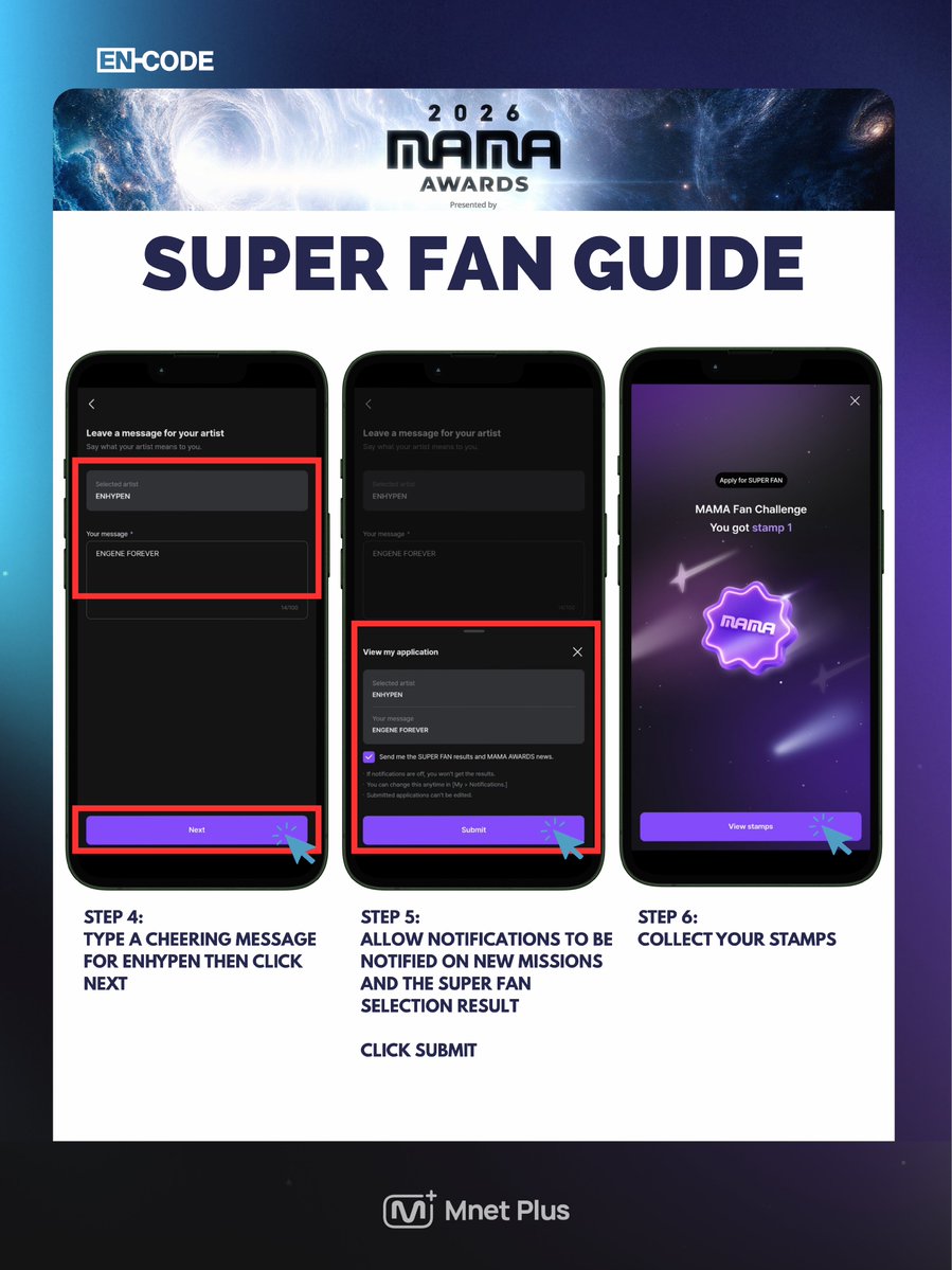 encodevt's tweet photo. [#2026MAMA] — SUPER FAN APPLICATION 

ENGENEs! If you haven’t applied for ENHYPEN SUPER FAN yet, don’t worry! Here’s a quick and easy guide to help you through the process. 

Let’s get as many ENGENEs on board as we can!

#ENHYPEN @ENHYPEN @ENHYPEN_members https://t.co/ju4mUcogT3