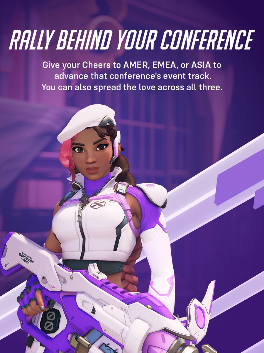 PlayOverwatch's tweet photo. Rep your World Cup Conference. Earn new World Cup rewards. 🏆

🎟️ Earn Cheers by playing or watching OWWC content
🗳️ Give Cheers to AMER, EMEA, or ASIA
🎁 Progress tracks to unlock conference-themed rewards

Celebrate the lead-up to BlizzCon with the World Cup Cheer Rally Sep 1-14.