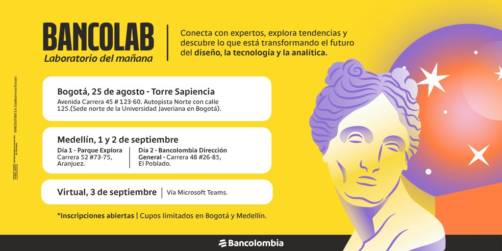 marcelitaamr's tweet photo. Aprender, conectar y explorar nuevas perspectivas también es parte de construir el futuro. #BancoLab2026 reunirá expertos y conversaciones sobre diseño de experiencias, tecnología y analítica.
👉 Inscripciones: https://t.co/5gHS1ZpeGP
#PensarEnGrande #BancoLab https://t.co/5LZxZX7EwJ