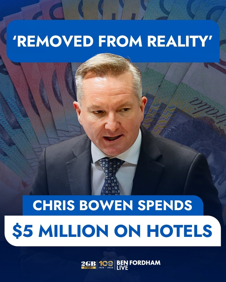 BenFordhamLive's tweet photo. Chris Bowen has lost touch with reality. 

The Climate Change Minister has spent $5 million on hotels in Fiji. 

That's despite the majority of high profile leaders preparing to snub the talkfest. 

Listen to the details HERE. 

🎧https://t.co/2inms5KohG🎧 https://t.co/Prt153ahaH