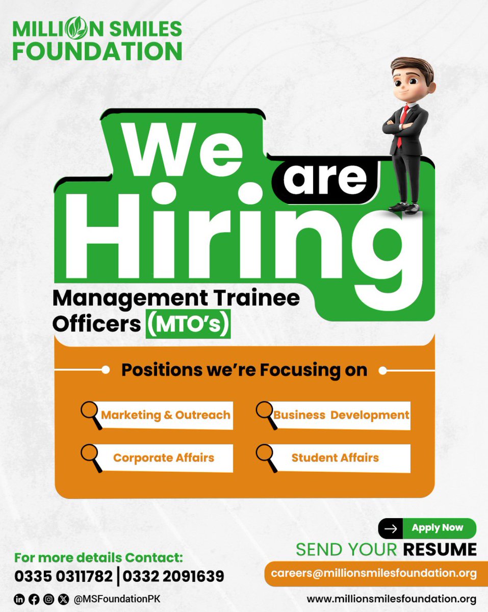 MSfoundationPK's tweet photo. Your chance to Grow, Learn &amp; Lead !

Applications for the Management Trainee Program 2026 are now OPEN.

Areas of work
* Marketing &amp; Outreach 
* Corporate Affairs  
* Student Affairs 
* Business Development

Apply Now: careers@millionsmilesfoundation.org

#MSF #CareerGrowth #MTO https://t.co/ANTWsyv7KY