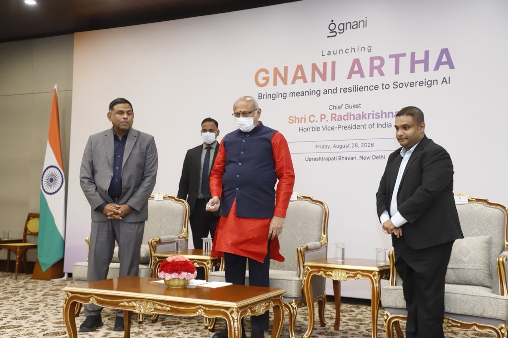 GnaniAi's tweet photo. VP of India Shri @CPR_VP unveiled Gnani Artha last friday: our end-to-end sovereign AI stack. 

Built on Gnani Evon 3.3, our 30B open-weights model trained natively in 11 Indian languages, and Gnani Plexus, our agentic platform.

Built in India. For India. https://t.co/K2RTr7iE6e
