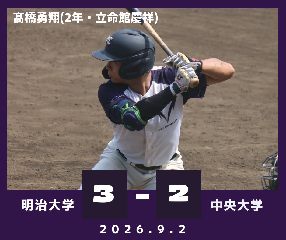 mubc_Official's tweet photo. 【夏季オープン戦】

＊本日の試合結果＊
B 〇明治大学 3-2 中央大学

Ｍ 030 000 000 = 3
Ｃ 000 000 110  = 2

#明治大学野球部 #meijibbc #夏季オープン戦 #繋げ。 https://t.co/PEyCcMZpee