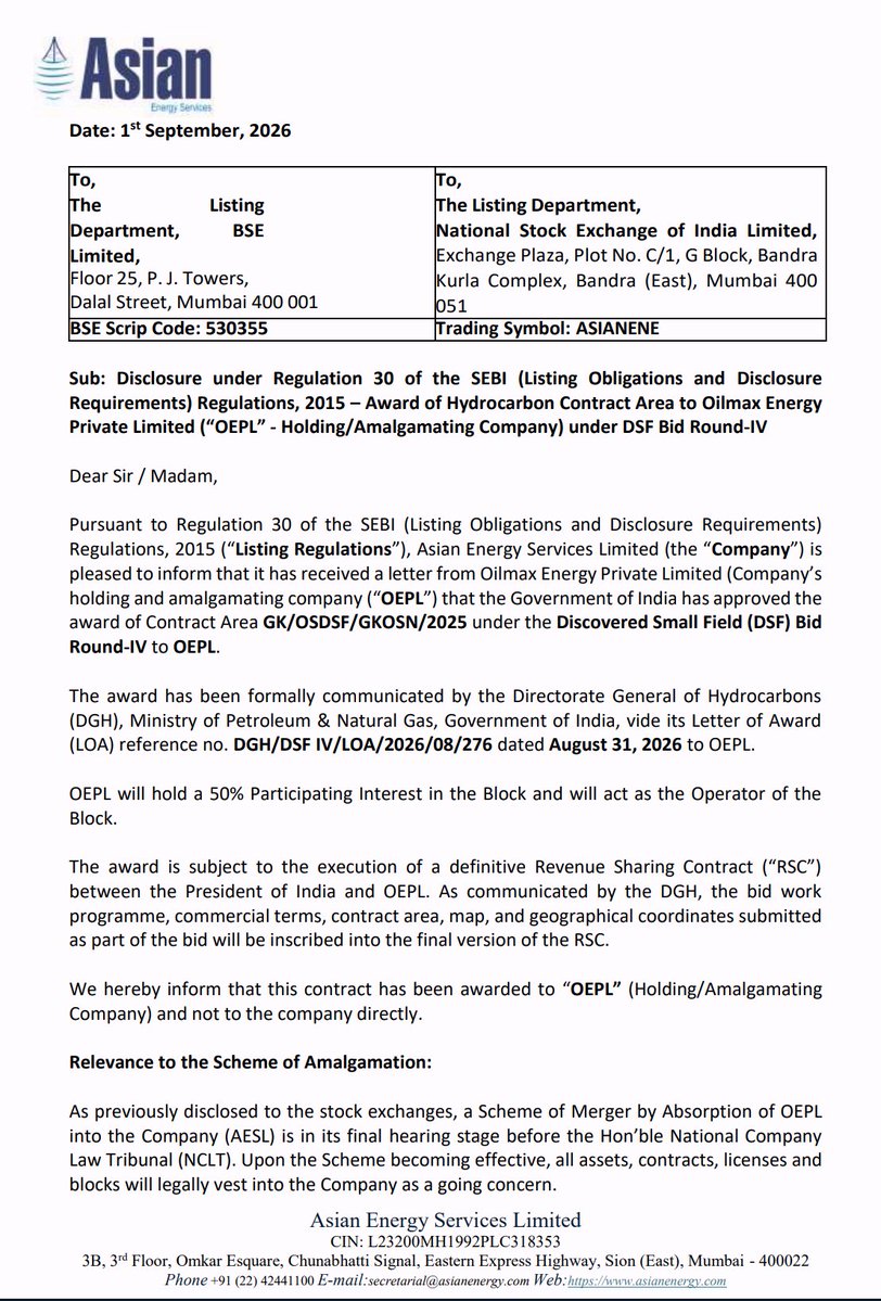 shiladitya4u's tweet photo. Asian Energy services:
Oilmax Energy Private Limited - which is geeting merged into Asian Energy Servies - have received a new contract under the Discovered Small Field (DSF) Bid Round-IV to OEPL.

...............
I had written about this company earlier.
Quick summary of the special situation here and the growth triggers.
Asian Energy Services × Oilmax: an interesting energy special situation

Oilmax Energy is being merged into listed Asian Energy Services. This is not a conventional acquisition — Oilmax shareholders receive AESL shares, while Oilmax's assets and liabilities move into the listed company. The agreed swap ratio is 117 AESL shares for every 10 Oilmax shares.
The strategic logic is interesting:

AESL: seismic → EPC → field development → O&M → production services
 Oilmax: owns the actual oil & gas assets
Post-merger, AESL combines upstream asset ownership with the technical/engineering capability to develop and operate those assets.

Oilmax currently produces ~2,500 boepd, with historical EBITDA margins of ~55%.
The bigger opportunity is the production ramp:
→ Amguri + Tiphuk + Duarmara + Indrora/Mevad
→ Target ~10,000 boepd by FY29/30
→ Revenue ambition ~₹1,000cr
→ EBITDA potential >₹400cr

Meanwhile, the existing AESL services business has a ₹1,754cr order book, with management guiding 30–40% FY27 growth and 17–18% EBITDA margins. Kuiper adds an international technical-services growth engine.
Management's longer-term ambition is ~₹3,000cr revenue and ₹700cr+ EBITDA.
That's what makes the merger interesting: AESL provides the growth/service platform, while Oilmax can become the high-margin earnings engine.