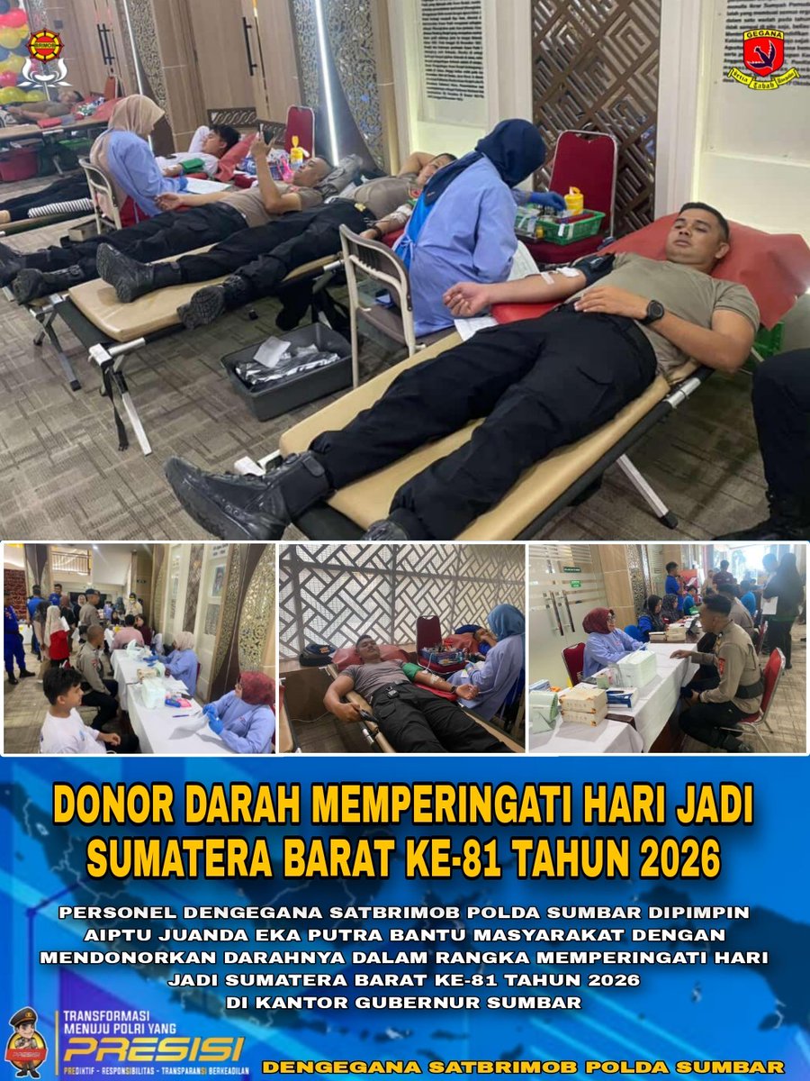 Geganasumbar's tweet photo. Personel Dengegana Satbrimob Polda Sumbar dipimpin Aiptu Juanda Eka Putra bantu masyarakat yang membutuhkan darah dengan mendonorkan darahnya dalam rangka memperingati Hari Jadi Sumatera Barat Ke-81 Tahun 2026 di Kantor Gubernur Sumbar. https://t.co/hu5s5XQ3dL