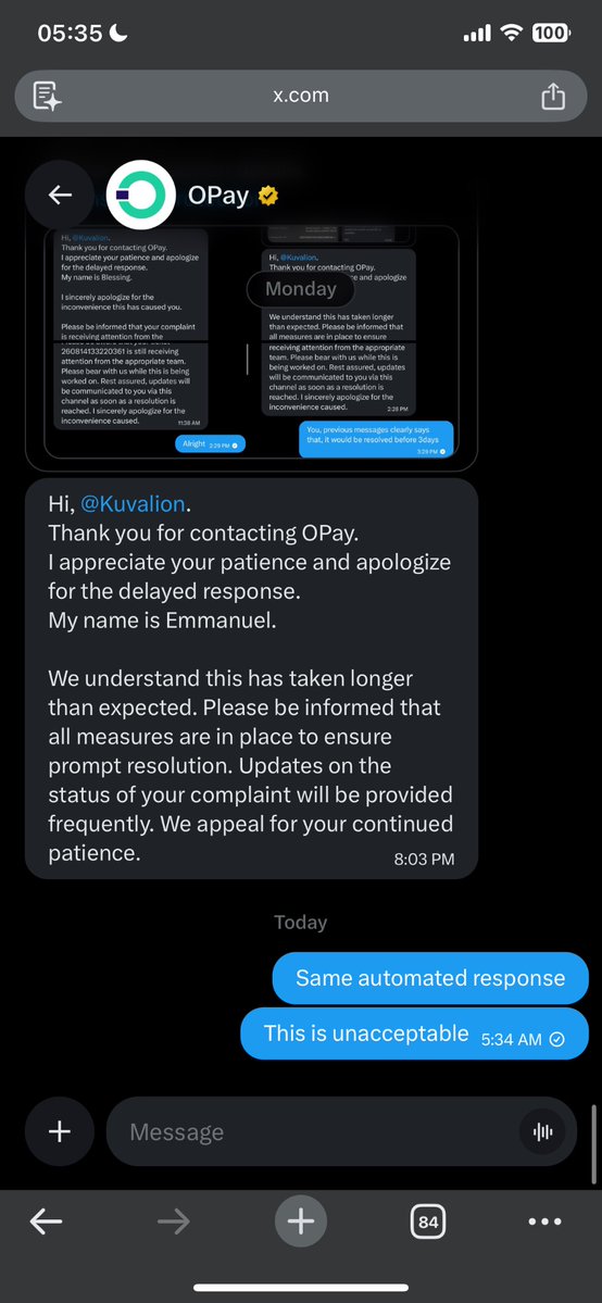 Kuvalion's tweet photo. @OPay_NG @cenbank This is the same automated response I keep getting, how is this assisting? @OPay_NG you people are just licensed thieves, this is not acceptable @cenbank please intervene @EthosReviews #consumerprotection https://t.co/7qoYCquRWd