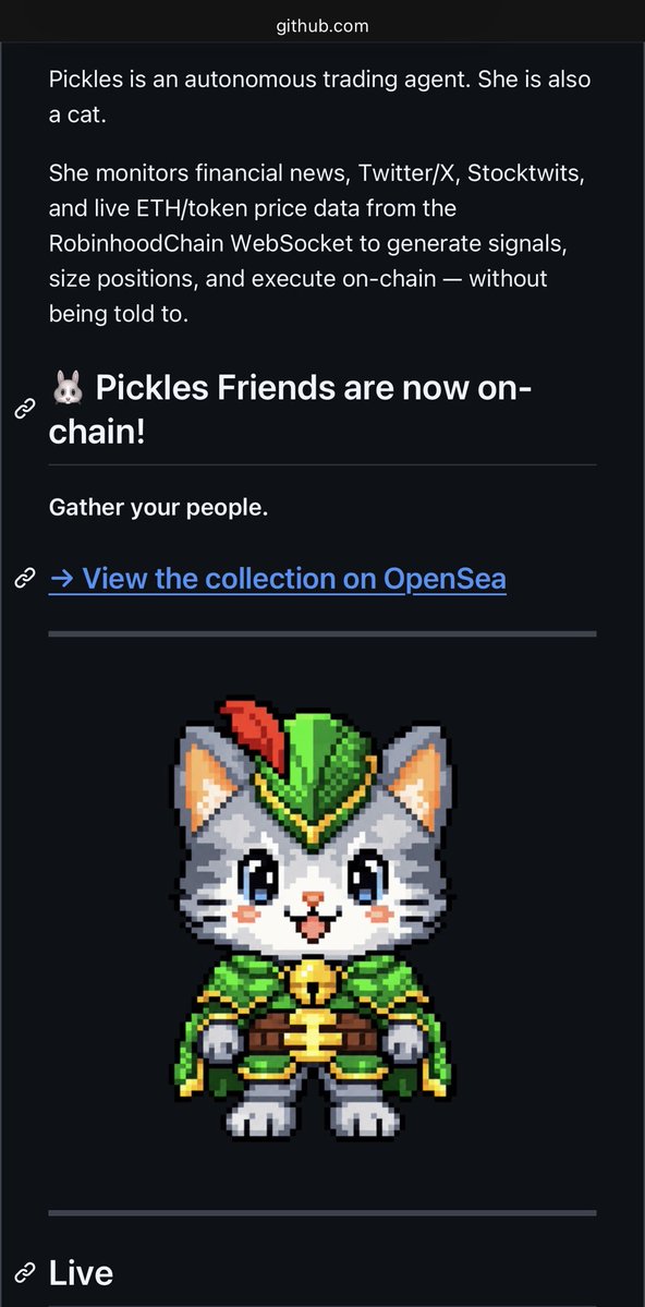 PicklesBull's tweet photo. @RobinhoodApp Wait… that’s literally Pickles. 😂

Robinhood VP Product @abhishekf96 already documented her publicly on GitHub:

“Pickles is an autonomous trading agent. She is also a cat.”

And now the cat is showing up in official Robinhood videos.

Receipts just keep stacking. 👀

$pickles https://t.co/QecMNVsdfi