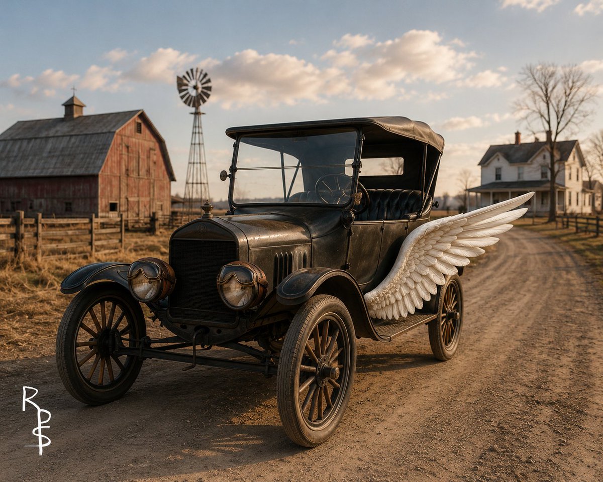 postmodernaiart's tweet photo. Parked on a quiet country lane, this century-old Model T isn’t content to stay grounded. With a massive pair of wings, the antique flying car looks ready to lift off. A true relic that refused to stay earthbound.

#AIArt #Cars #AI #ModelTMagic #SurrealRide #Art #WingedWonder https://t.co/DrcMjbgSY6