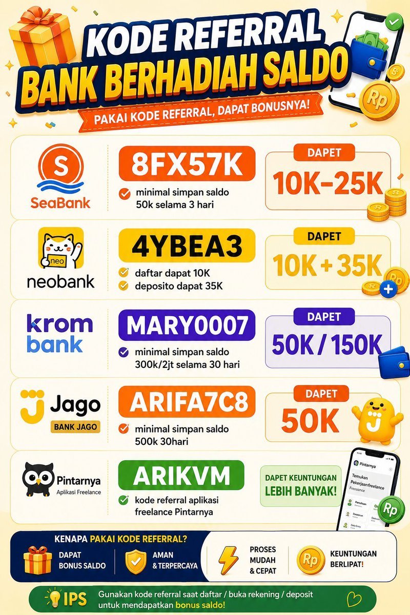 starintokyo's tweet photo. KODE REFF BONUS SALDO 

seabank: 8FX57K (min. simpan saldo 50k selama 3 hari)

neobank: 4YBEA3 (daftar+deposito)

KROM: MARY0007 (min.simpan saldo 300k/2jt selama 30 hari)

JAGO: ARIFA7C8 (min. 500k 30hari)

SUPERBANK: RLM4EL 

. nabung daftar digital freelance dimana referral https://t.co/IHXx6LyVto