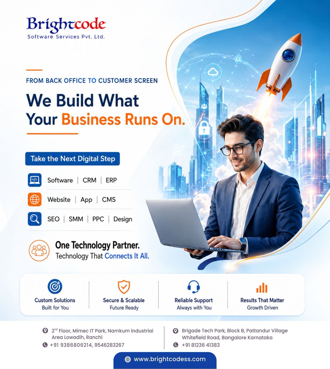brightcodebss's tweet photo. From back office to customer screen, Brightcode builds the technology your business runs on. 🚀

Software | CRM | ERP | Website | App | CMS | SEO | SMM | PPC | Design

📍 Ranchi &amp; Bangalore

📞 +91 9386806214 | +91 9546283267 | +91 81236 41383

#Brightcode #SoftwareDevelopment https://t.co/mxXFpKpWSo