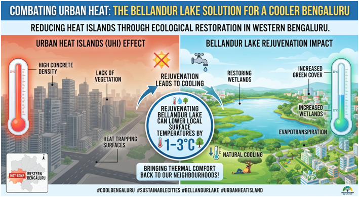 KYBIAOrg's tweet photo. Urban heat islands are driving up western Bengaluru's temperatures. Rejuvenating Bellandur Lake and its wetlands can lower local surface temperatures by 1–3°C, bringing thermal comfort back to our neighborhoods! 📷📷 To save Bellandur Lake, sign the petition https://t.co/byuHLVnwUy