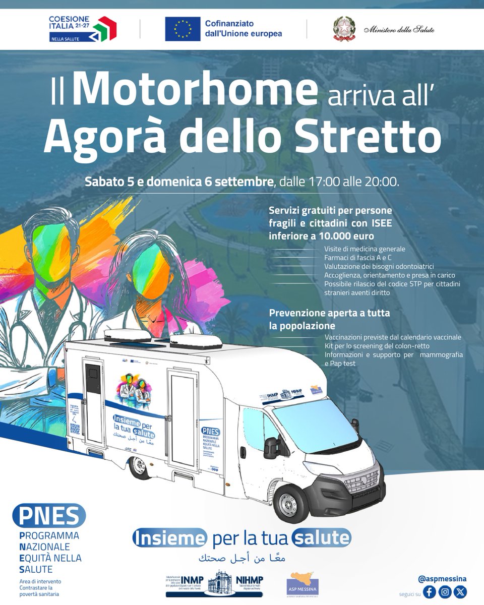 AspMessina's tweet photo. Sabato 5 e domenica 6 Settembre, dalle 17.00 alle 20.00 il Motorhome del PNES sarà al Villaggio della Salute dell’Agorà Stretto, per avvicinare le persone  ai servizi sociosanitari.Saranno previste anche attività di prevenzione con vaccinazioni, prenotazioni degli screening https://t.co/63fEy4xKbI