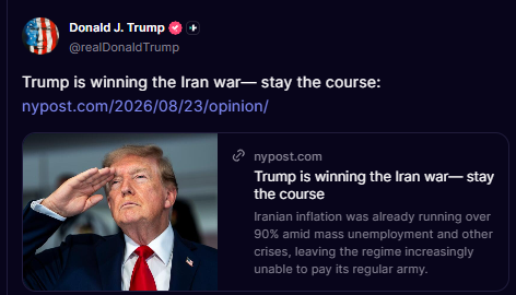 Osint613's tweet photo. U.S. President Donald Trump shares New York Post article saying he "is winning the Iran war." https://t.co/zpGC6GQcSJ