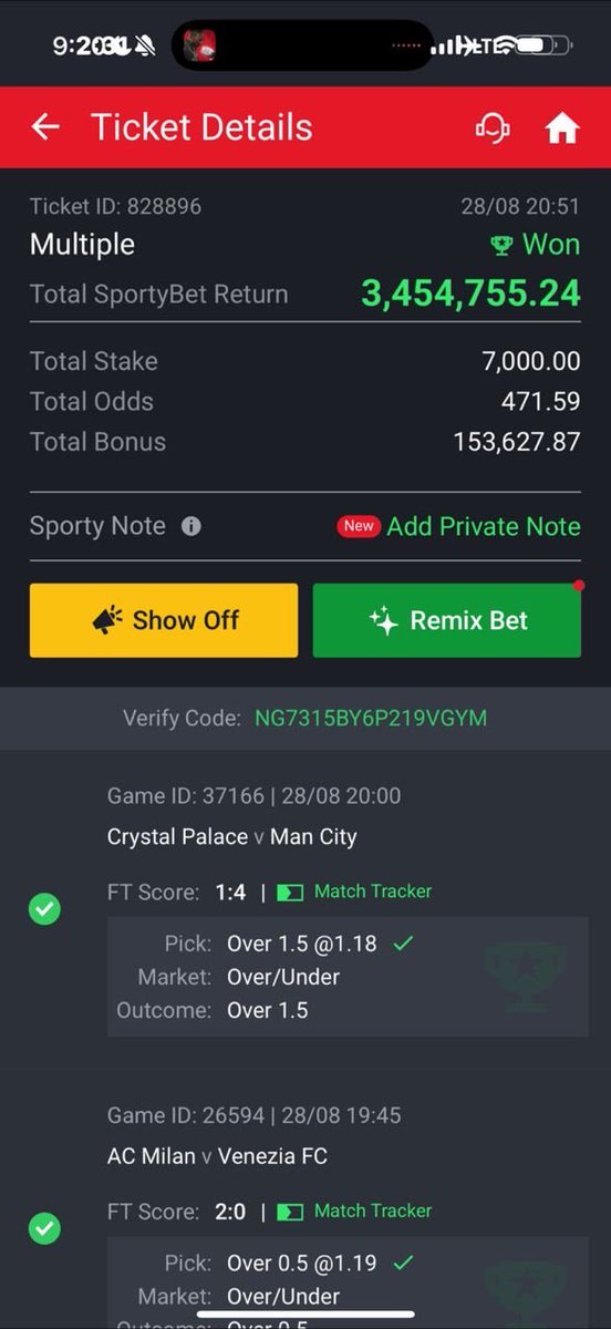 JustBelieveTips's tweet photo. @LordDrip89140 @FabrizioRomano @SportyBet @SportyBetNG Drag them everywhere. @SportyBet @SportyBetNG ticket 707307 forced to ₦3,565.99. They said I cashed out kobo. I am done with this bookie.
#SportyBetFraud #ScamBookieNigeria #BoycottSportyBet #Compensate707307 https://t.co/QTJeWjiBtd