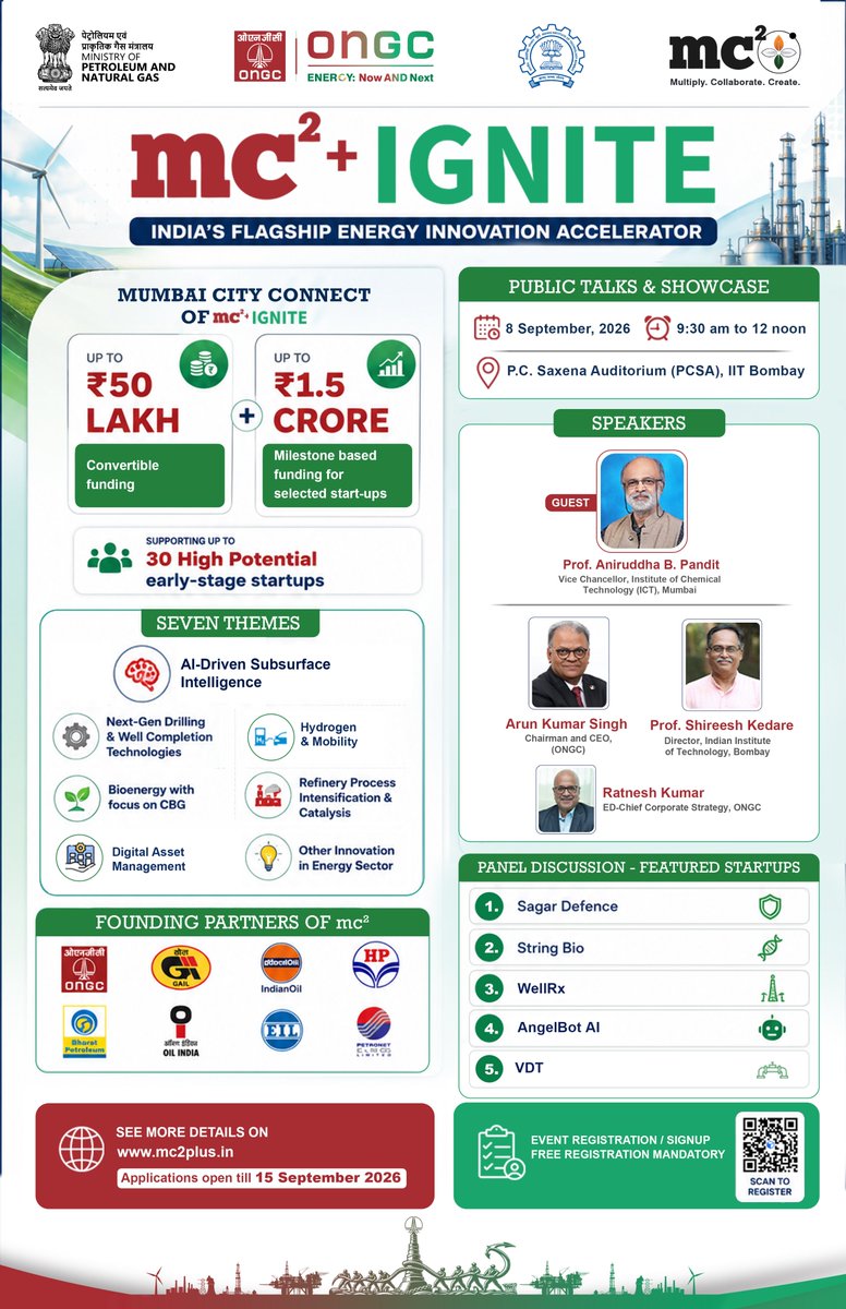 ONGC_'s tweet photo. Multiply. Collaborate. Create. 
Innovate for India. Scale for the world.

As part of its commitment to nurturing indigenous technology and accelerating innovation across India’s energy sector, #ONGC, in association with MC²+ Ignite, India’s flagship energy innovation accelerator, brings the Mumbai City Connect to @iitbombay on 8 September 2026.

The programme will feature Prof. Aniruddha B. Pandit, Vice Chancellor, Institute of Chemical Technology, Mumbai, alongside #ONGC Chairman & CEO @ChairmanONGC @singharunongc Shri Arun Kumar Singh, Prof. Shireesh Kedare, Director, IIT Bombay, and Shri Ratnesh Kumar, ED–Chief Corporate Strategy, ONGC.

The City Connect carries forward the promise of MC²+ Ignite: to give promising deep-tech startups more than a platform, connecting them with funding, mentorship, industry expertise, real-world pilot opportunities and pathways towards commercial deployment.

A special panel featuring Sagar Defence, String Bio, WellRx, AngelBot AI and VDT Pipeline Solutions will bring entrepreneurial experience to the conversation, demonstrating how innovation can move from an idea to a tested solution, and ultimately to scale.

With support for up to 30 high-potential early-stage startups, funding opportunities of up to ₹50 lakh in convertible funding plus ₹1.5 crore in milestone-based funding, and seven focus themes spanning AI-driven subsurface intelligence, drilling, bioenergy, hydrogen, refinery technologies and digital asset management, MC²+ Ignite is creating a stronger bridge between India’s innovators and India’s energy industry.

For #ONGC, the endeavour reflects a larger national purpose: to solve complex energy challenges through Indian ingenuity, strengthen technological self-reliance and enable solutions developed in India to create impact at home and compete globally.

8 September 2026 | 9:30 AM – 12 Noon
P. C. Saxena Auditorium, IIT Bombay
Know more: https://t.co/G2Nogt4nw6
Applications open till 15 September 2026

#YouAreEnergy #EnergyNowAndNext #MultiplyCollaborateCreate #InnovateForEnergy #EnergyInnovation #OpenInnovation #Sustainability #MC2Plus #MC2Ignite #DeepTech #StartupIndia

@PMOIndia | @narendramodi | @PetroleumMin | @HardeepSPuri | @OfficeofHSP | @TheSureshGopi | @Secretary_MoPNG | @neerajmittalias | @MCSquarePlus 

@ICTMumbai1933 

@SagarDefence | @StringBio | @Angelbot_AI | @vdt_pipeline