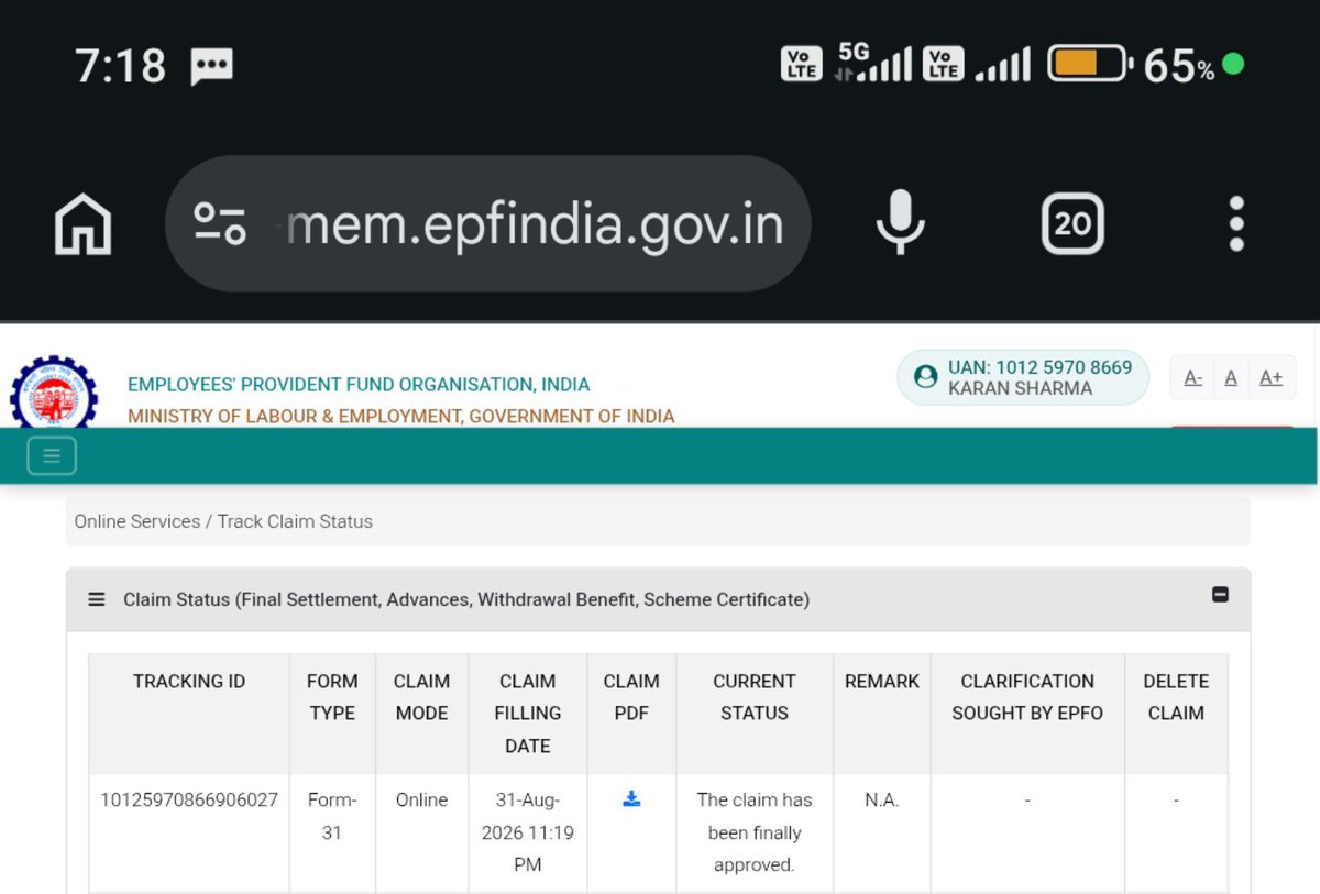 isharmak's tweet photo. Dear Team .@officialepfo .@rodelhicentral 
Now the status is "The Claim has been finally approved"
But when the amount will be credit.
This is very disheartening @narendramodi ji to feel so helpless when we need our own money but it takes time https://t.co/E981SoWYuq