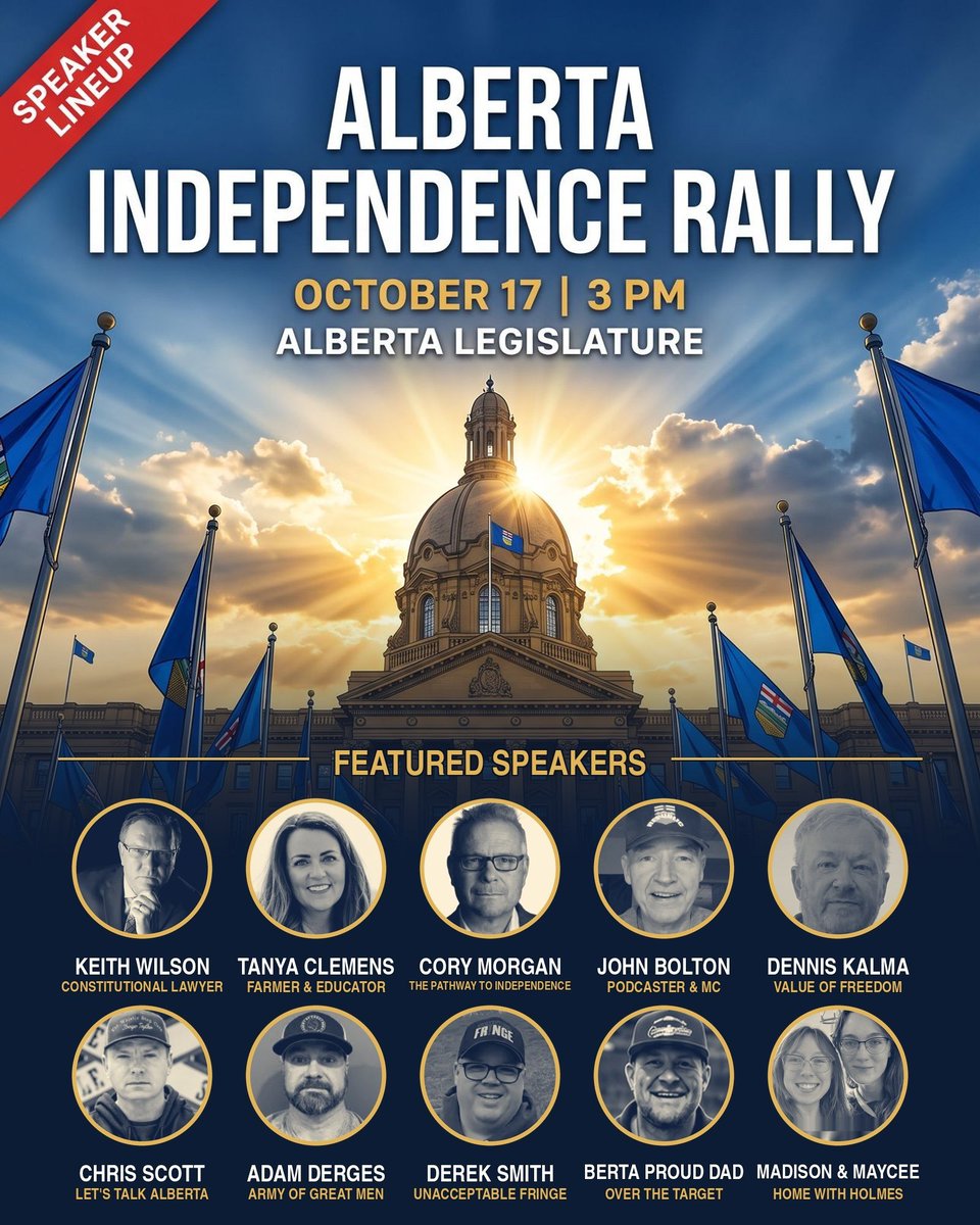 LetABDecide's tweet photo. Three weeks out.

Alberta Independence Rally. October 17. 3 PM. Alberta Legislature.

Share this with one person who should be standing next to you.

RSVP ⬇️
https://t.co/wU0cDbQkSr https://t.co/GGT2wtHR39