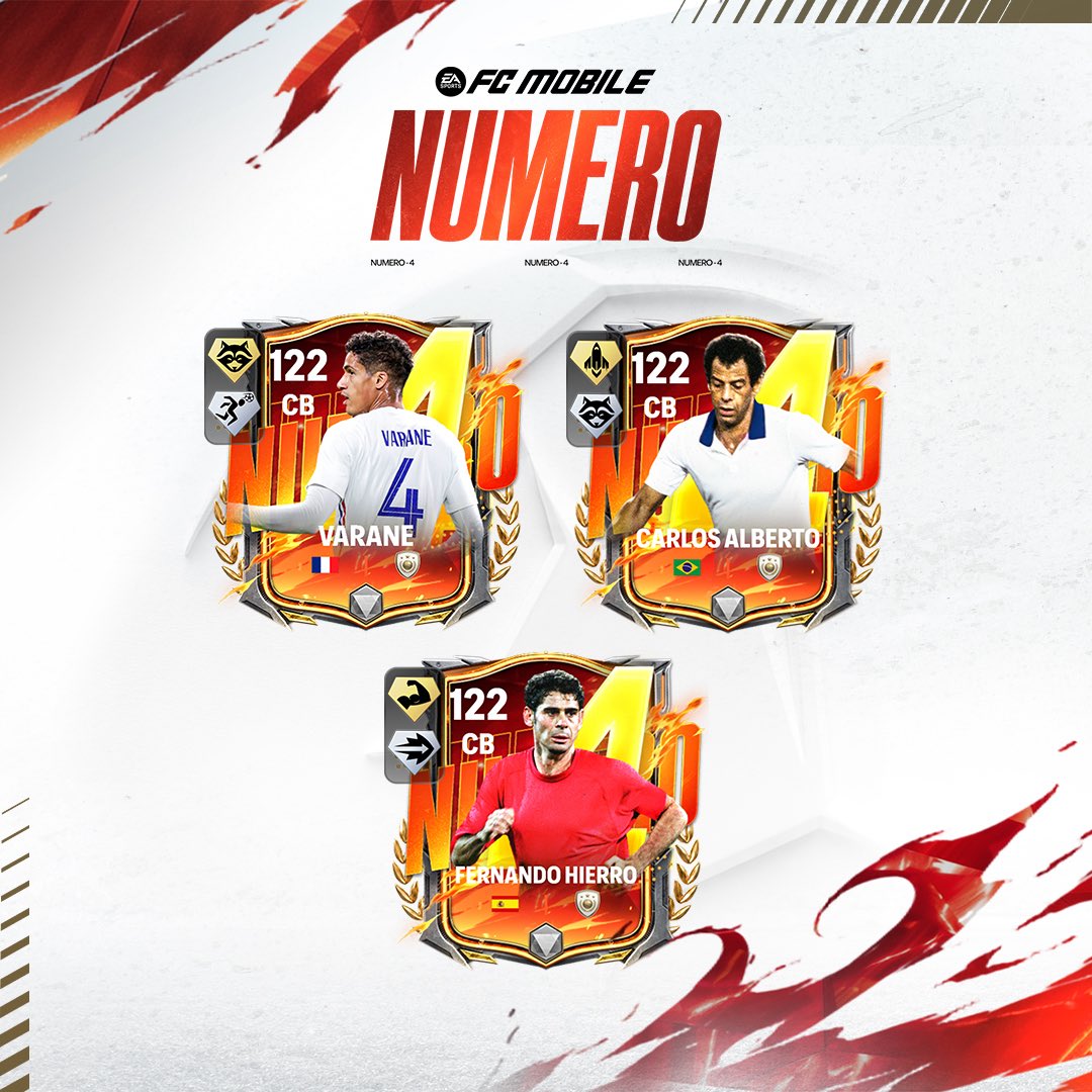 _SPDGaming's tweet photo. 🚨 122 OVR DEFENSIVE WALLS!

Varane 🇫🇷 • Carlos Alberto 🇧🇷 • Fernando Hierro 🇪🇸 headline the Numero 4 lineup. Three elite CB options ready to strengthen any FC Mobile defence. 🔥🛡️

#FCMobile #Numero4 #FCMobile26 https://t.co/bsQjEO6ZoZ