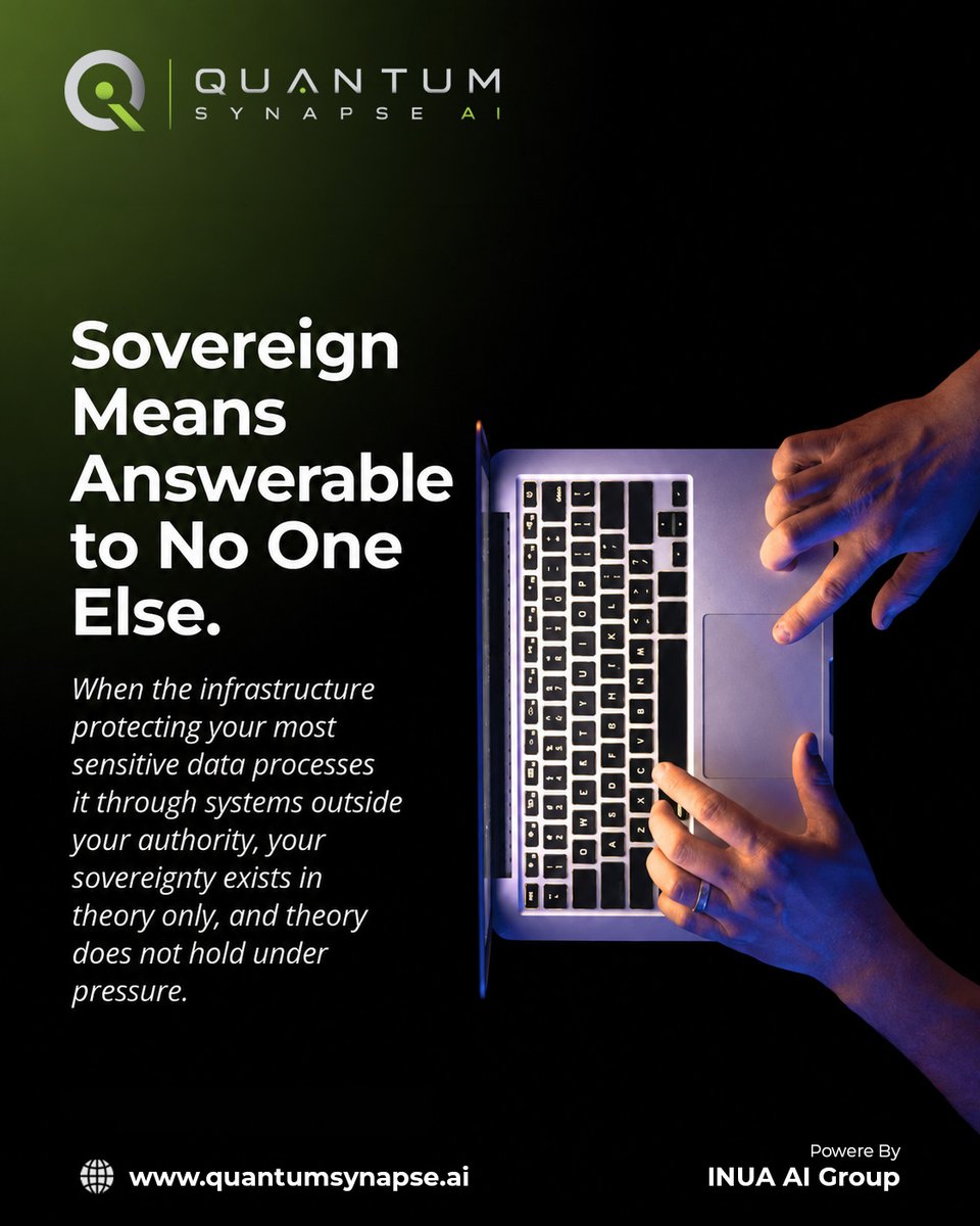 QuantumSyn_AI's tweet photo. Sovereignty is not a data residency clause. It is the infrastructure protecting your most sensitive data, answering to your authority and no one else's. #QuantumSynapseAI #SovereignAI #DigitalSovereignty #AfricaAI #CyberIntelligence https://t.co/UhTx3c7KAa