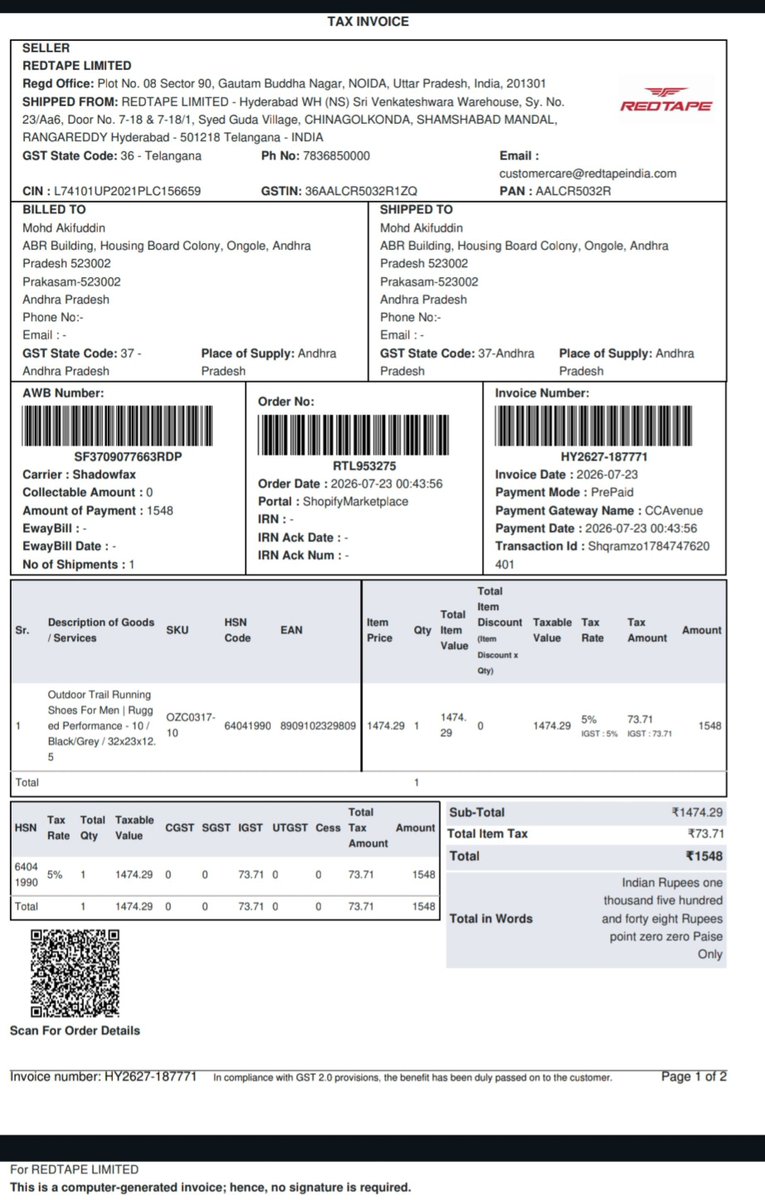 MdAkif123's tweet photo. @RedTapeindia 5 days, yet only automated replies.

My shoes started coming apart within 25 days. Photos &amp; invoice already shared.

No REDTAPE outlet in my city; the nearest is ~150 km away. Please have a human review my case and resolve it.

#REDTAPE #CustomerSupport https://t.co/u6ssszxfKb